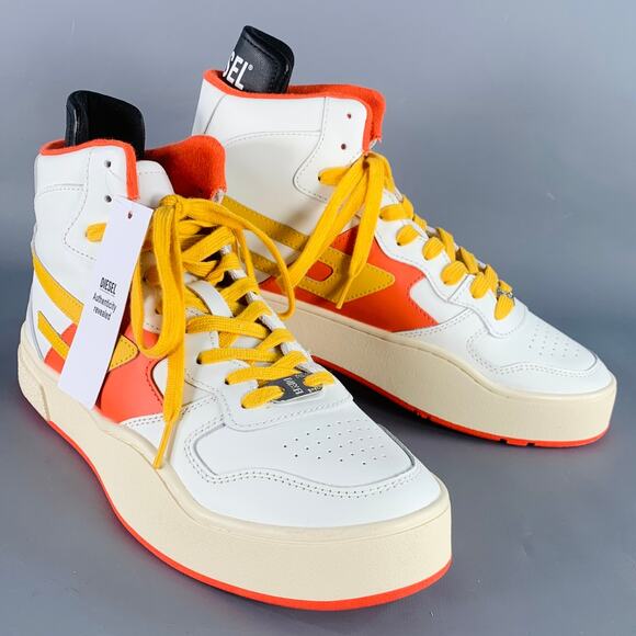 DIESEL 10.5 S Ukiyo Mid White Orange Yellow Color Block Leather High Top Sneaker - Picture 1 of 8
